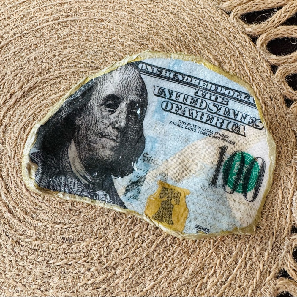 Glossy Benjamin Cash Money Hundred Dollar Bill Decoupage Oyster Shell Trinket